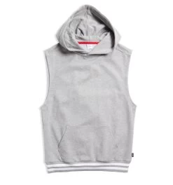 French Terry Sleeveless Hoodie LC - Heather Gray With Striped Rib